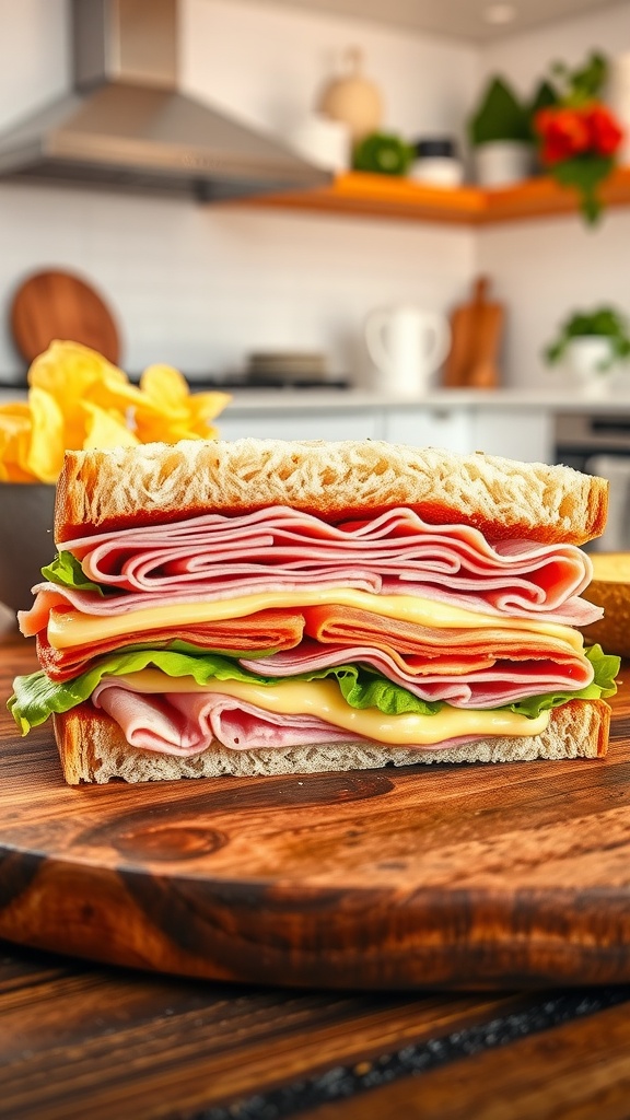 A classic ham and cheese sandwich cut in half with layers of ham and cheese on a wooden table with chips and a pickle.